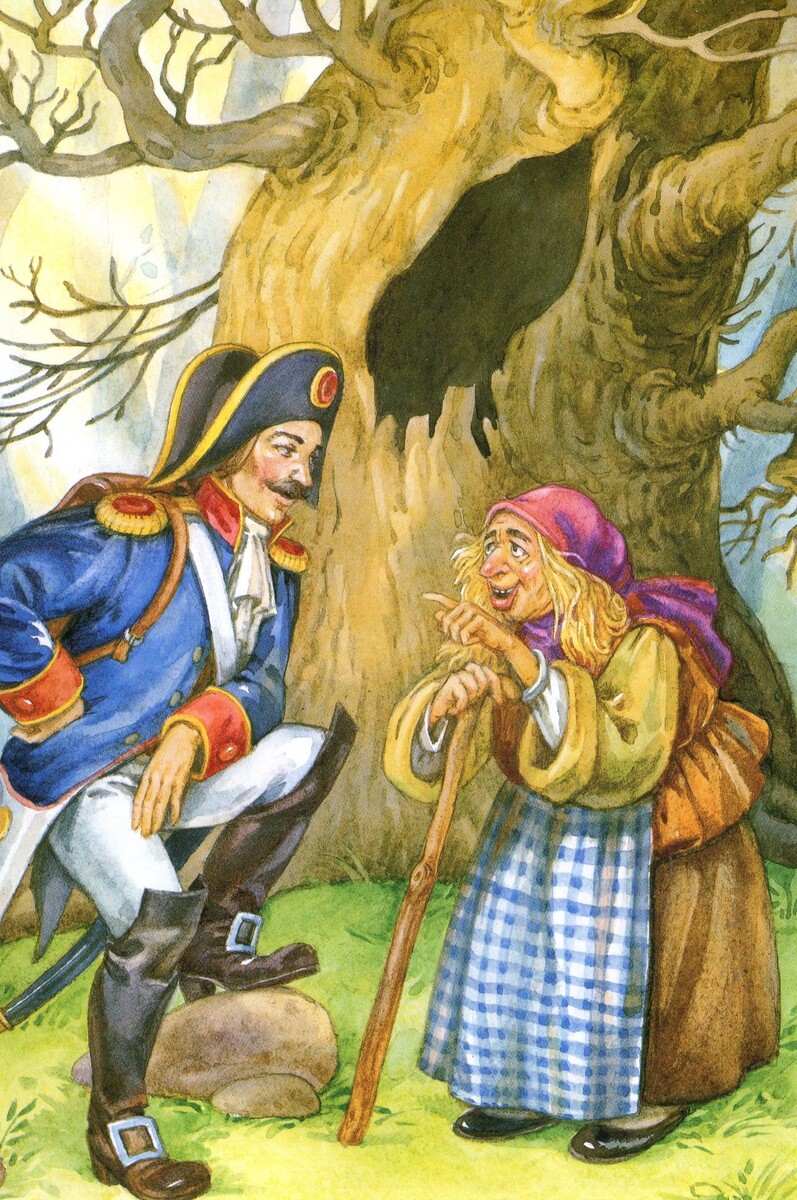 — Здорово, служивый! — сказала она. — Какая у тебя славная сабля! А ранец-то какой большой! Вот бравый солдат! Ну сейчас ты получишь денег, сколько твоей душе угодно.