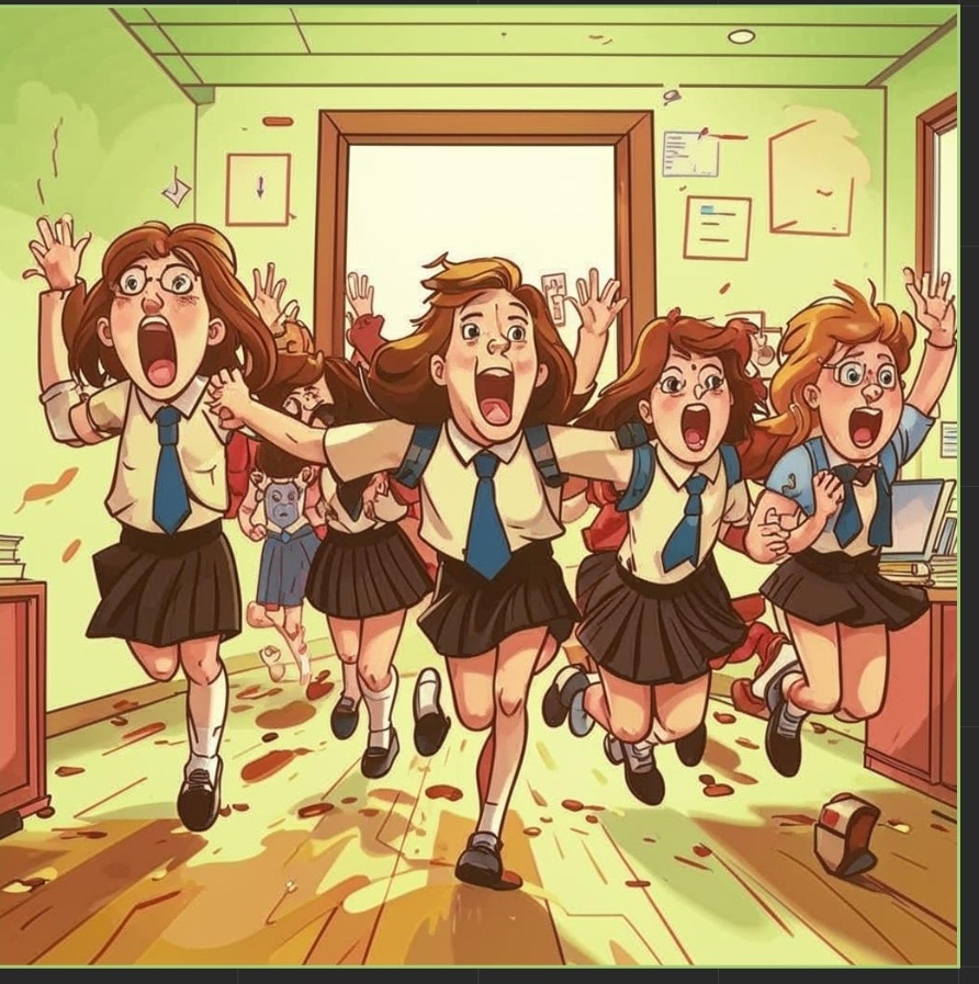 Нейросеть рисует по запросу (Весь класс с радостным визгом ринулся к кабинету, сметая все на своем пути, включая дверь и, увы, учительницу.)