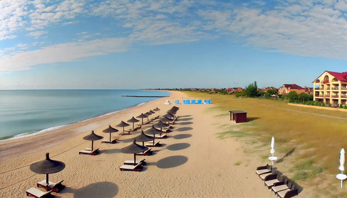 Панорамный вид на пляж Витязево. Широкий песчаный пляж тянется вдоль берега, омываемого чистыми волнами Черного моря. На переднем плане расположены уютные шезлонги и зонтики, а на заднем плане виднеется спокойное море, отражающее голубое небо с мягкими облаками. Вдалеке видны частные домики и гостевые дома села Витязево, создавая идеальную атмосферу для спокойного отдыха на побережье.