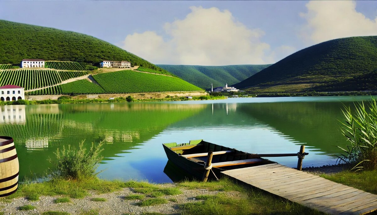 Идиллический вид на озеро Абрау, окружённое зелёными холмами и виноградниками. Спокойная гладь озера отражает голубое небо с редкими облаками. На переднем плане — небольшая деревянная лодка у причала, готовая для прогулки по воде. Вдали видны строения винодельческого комплекса Абрау-Дюрсо, гармонично вписывающиеся в природный пейзаж. Тишина и красота природы создают атмосферу уюта и покоя.