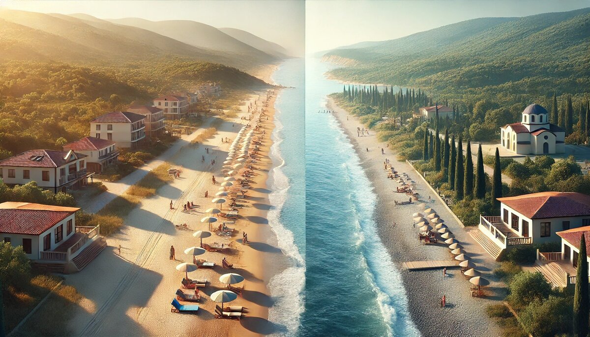 Витязево и Сукко — два живописных прибрежных района для спокойного отдыха. Слева широкий песчаный пляж Витязево с шезлонгами и зонтиками, омываемый спокойными волнами Черного моря. Справа — побережье Сукко с галечными пляжами, зелёными холмами и кипарисами. Обе локации утопают в мягком солнечном свете и чистом голубом небе, создавая атмосферу уединённого отдыха на природе.