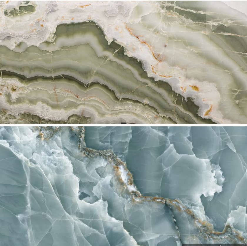 Натуральный зеленый оникс — сверху, керамогранит под оникс TELE DI MARMO ONYX GREEN — снизу