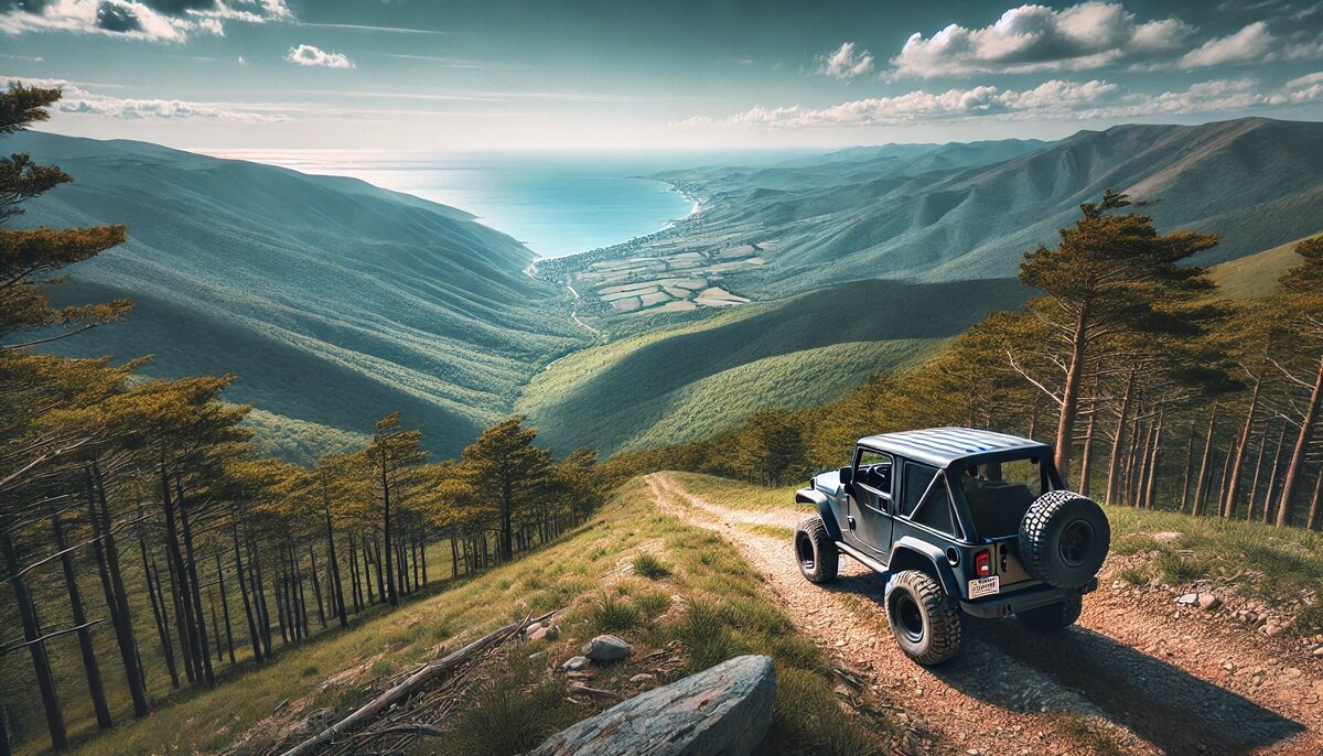 Вид с вершины горы в окрестностях Анапы во время джип-тура. На переднем плане мощный внедорожник стоит на краю горной тропы, с которой открывается захватывающий панорамный вид на долины, леса и побережье Черного моря. Лесистые холмы обрамляют кадр, а вдалеке сверкают сине-зеленые воды моря под ярким солнцем. Это сочетание гор, лесов и моря создаёт ощущение свободы и приключений.