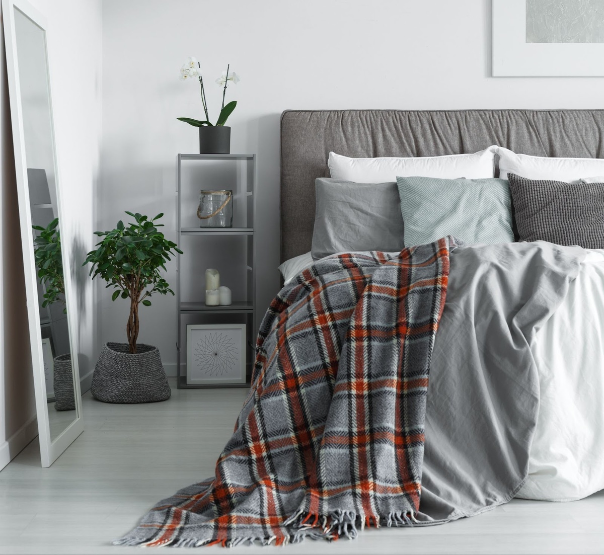 Даже прохладный серый интерьер может согреть клетка. Источник: Shutterstock