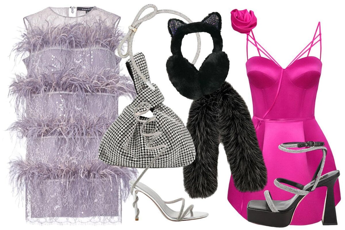    Платье с перьями Maison Esve (42 000 руб.) / босоножки серебряные Araz (7199 руб.) / сумка Marfine (5790 руб.) / ободок Aldo Alamaendra (990 руб.) / наушники меховые Marmalato (890 руб.) / горжетка Pompon (927 руб.) / босоножки чёрные Evigi (10 140 руб.) / платье розовое Post Meridiem (22 700 руб.)Сайты интернет-магазинов