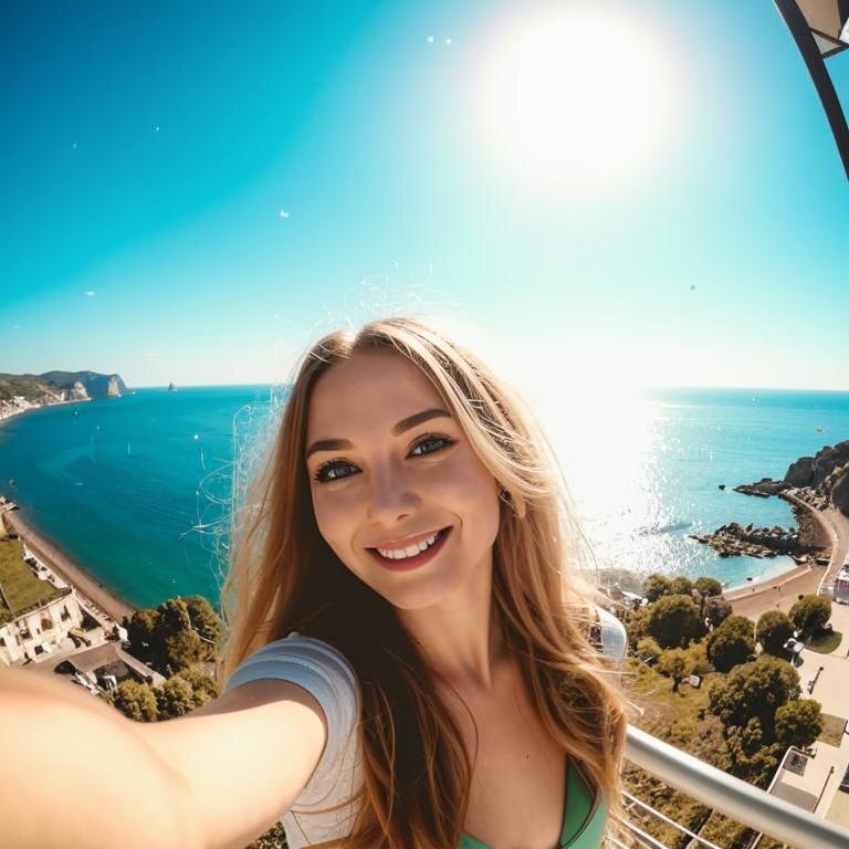 Девушка делает селфи на море. Фото полностью сгенерированна нейросетью. 