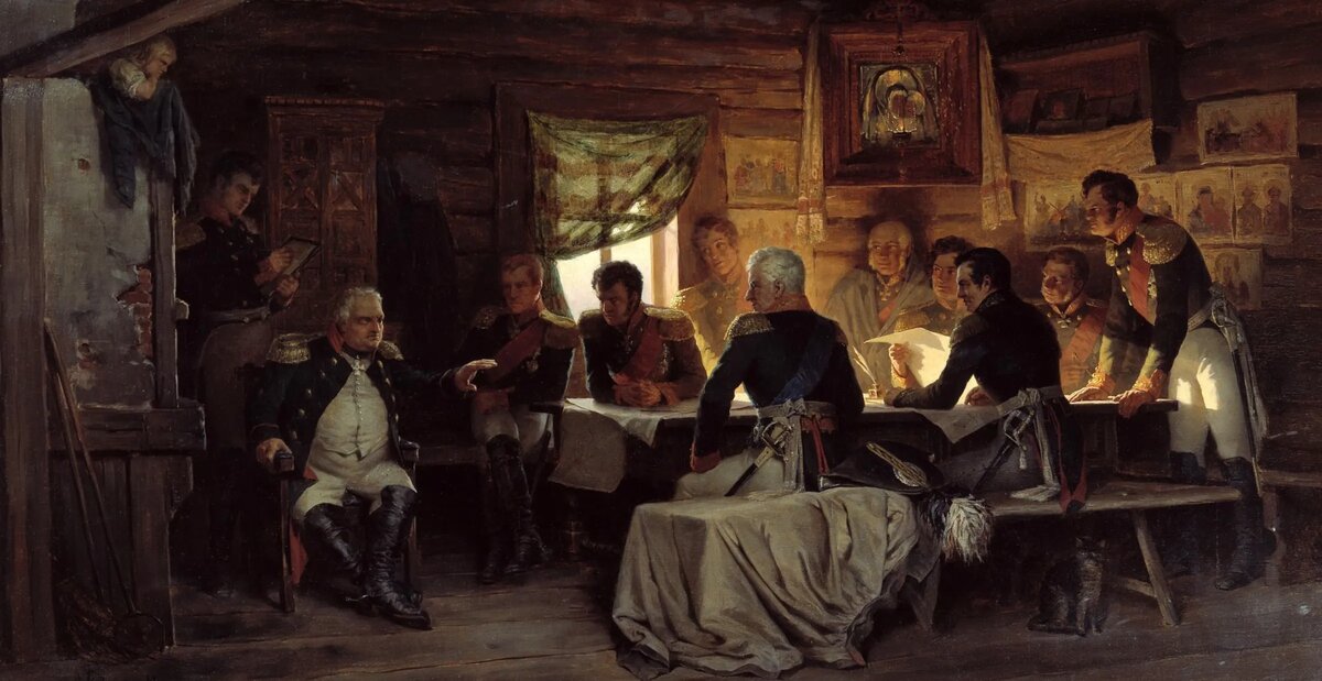 Военный совет в Филях 1812 год. Автор: Алексей Кившенко. Место: Государственный Русский музей.