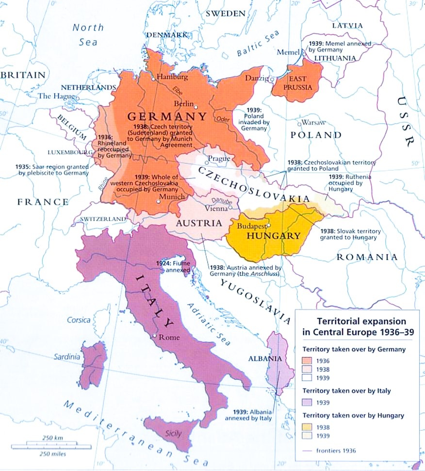 Рост территории нацистской Германии и фашистских Италии и Венгрии в 1935—1939 гг. до начала Второй Мировой войны 01.09.1939.