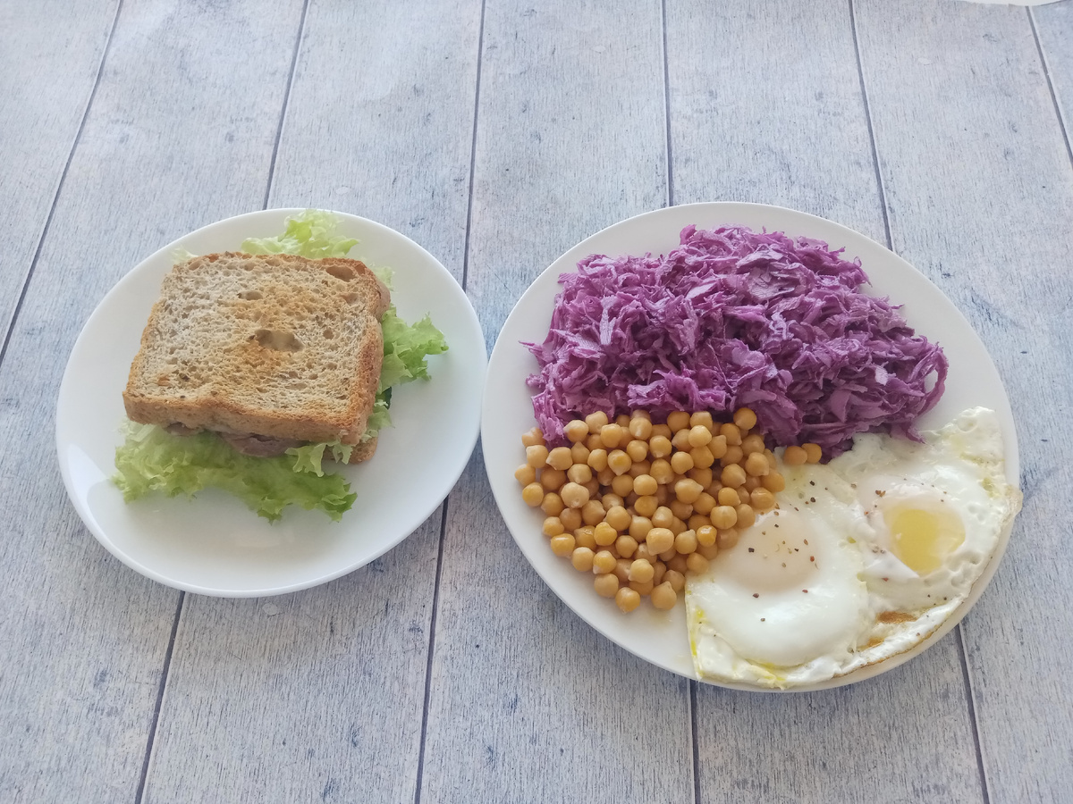 Завтрак. Сэндвич с индейкой, яичница, нут, салат из краснокочанной капусты. 