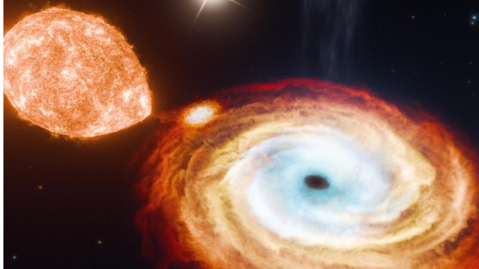 Иллюстрация рентгеновской системы V404 Cygni, которая, как стало установлено, является центром тройной звёздной системы.    
 Источник: Jorge Lugo  📷
