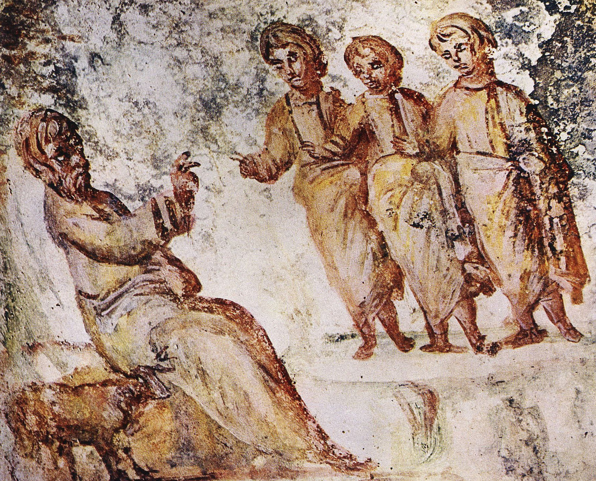 «Троица Ветхозаветная», фреска, III век. Катакомбы на Виа Латина, Рим