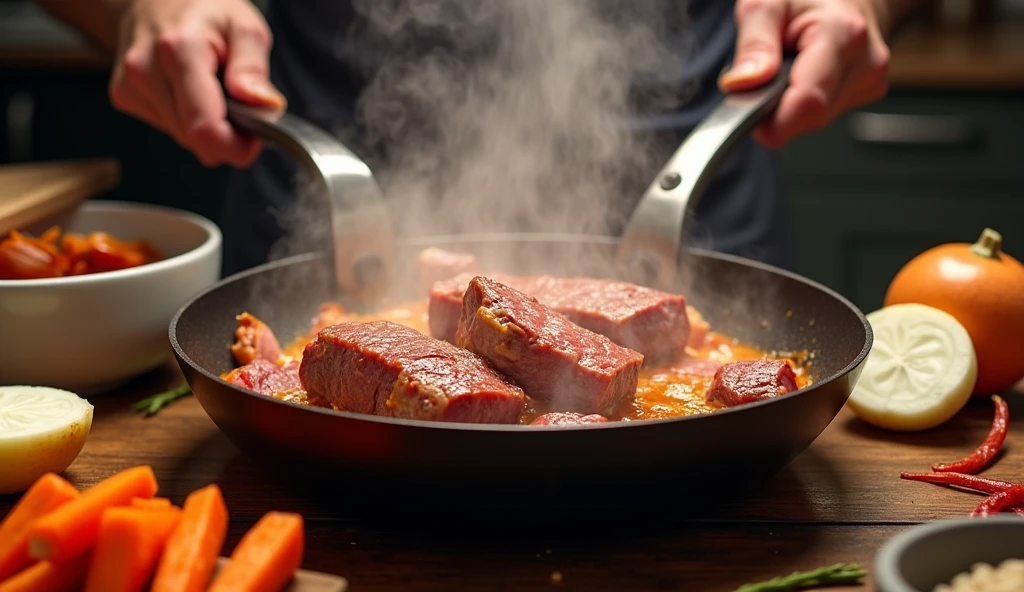 Обжариваем говядину с черносливом