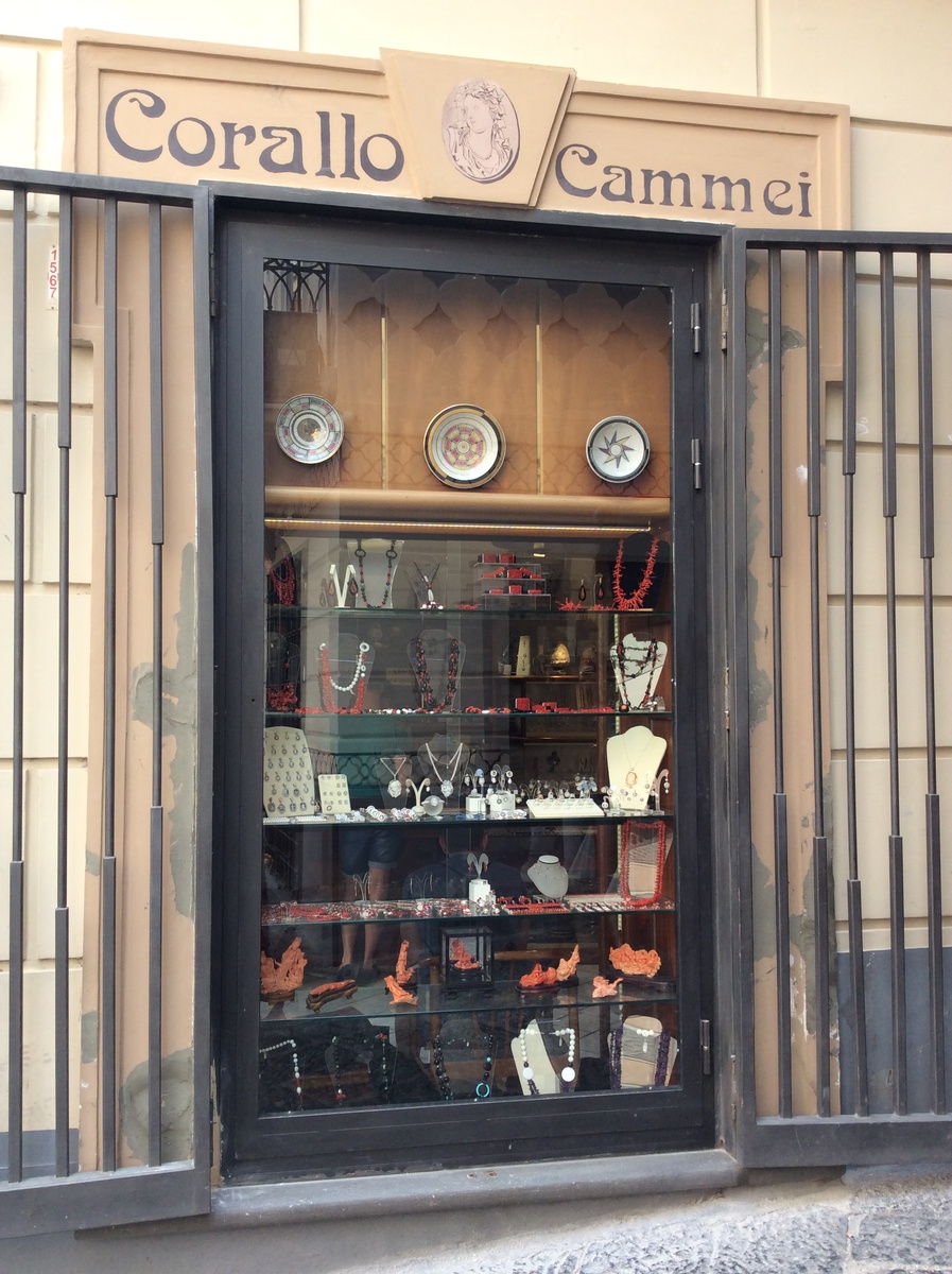 Место, которое совершенно меня заворожило - маленький магазинчик "Камеи и кораллы" на главной площади курортного городка Амальфи. Хозяйка магазина - фееричная синьора Анна Лиза Мастачиуоло, обаятельная, говорливая, нарядная и невероятно элегантная. В витринах камеи вырезанные на раковинах и и кораллы всех видов, бусы, брелоки, кольца, ожерелья, колье и ... кусты.