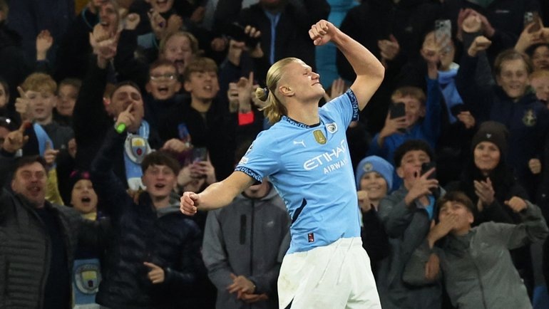    Игрок «Манчестер Сити» Эрлин Холанн празднует гол в ворота «Спарты» в матче Лиги чемпионов. 23 октября 2024 года. Reuters