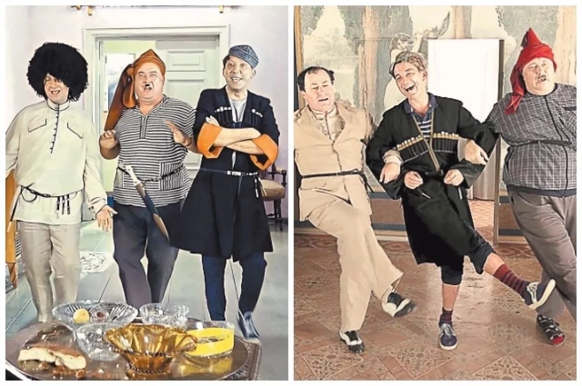    ремейке «Кавказской пленницы» Труса, Бывалого и Балбеса (на фото слева) сыграли актёры Семён Стругачёв, Сергей Степанченко и Николай Добрынин (фото справа). Создатели решили не мудрить и повторили даже костюмы главных героев из оригинального фильма.