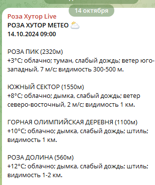 Скриншот ТГ-канала Розы Хутор