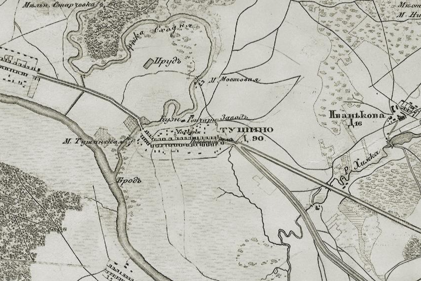 Село Тушино на топографической карте окрестностей Москвы 1878 года. Источник: retromap.ru