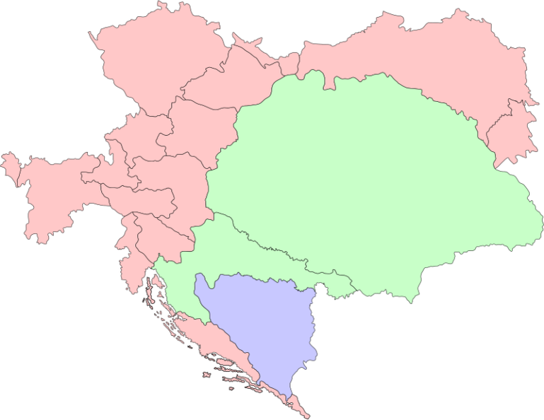  Цислейтания (розовым), Транслейтания (зелёным), совладение Босния и Герцеговина (фиолетовым)