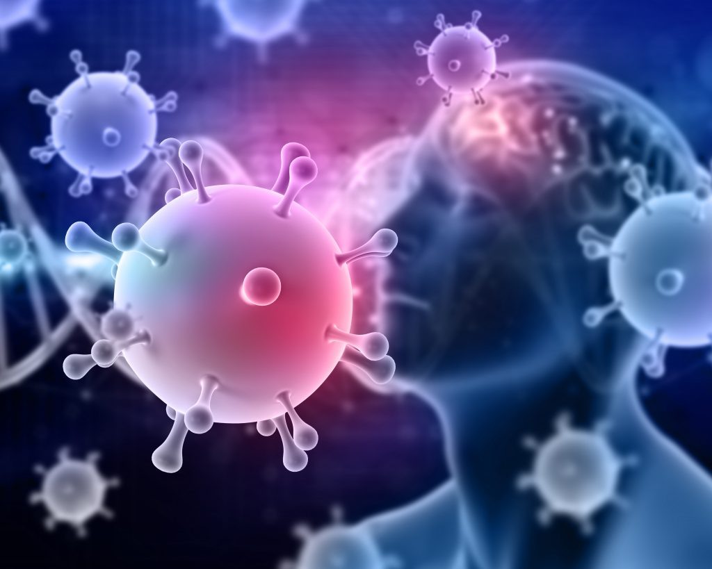    3D render of a medical background with abstract Covid 19 virus cells and DNA strands Андрей Дехнич