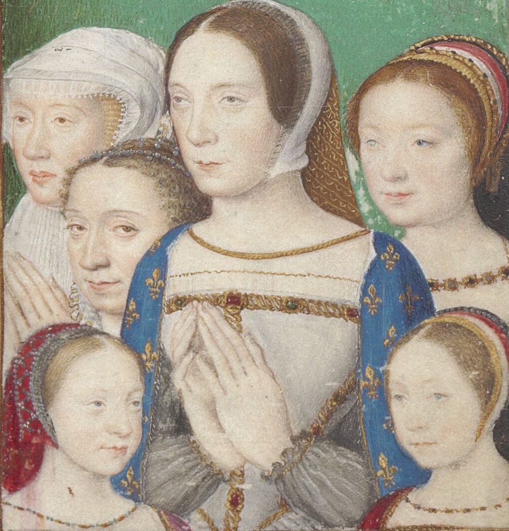 Клод Французская с дочерьми Шарлоттой, Мадлен и Маргаритой и сестрами Рене и Элеонорой Габсбургскими