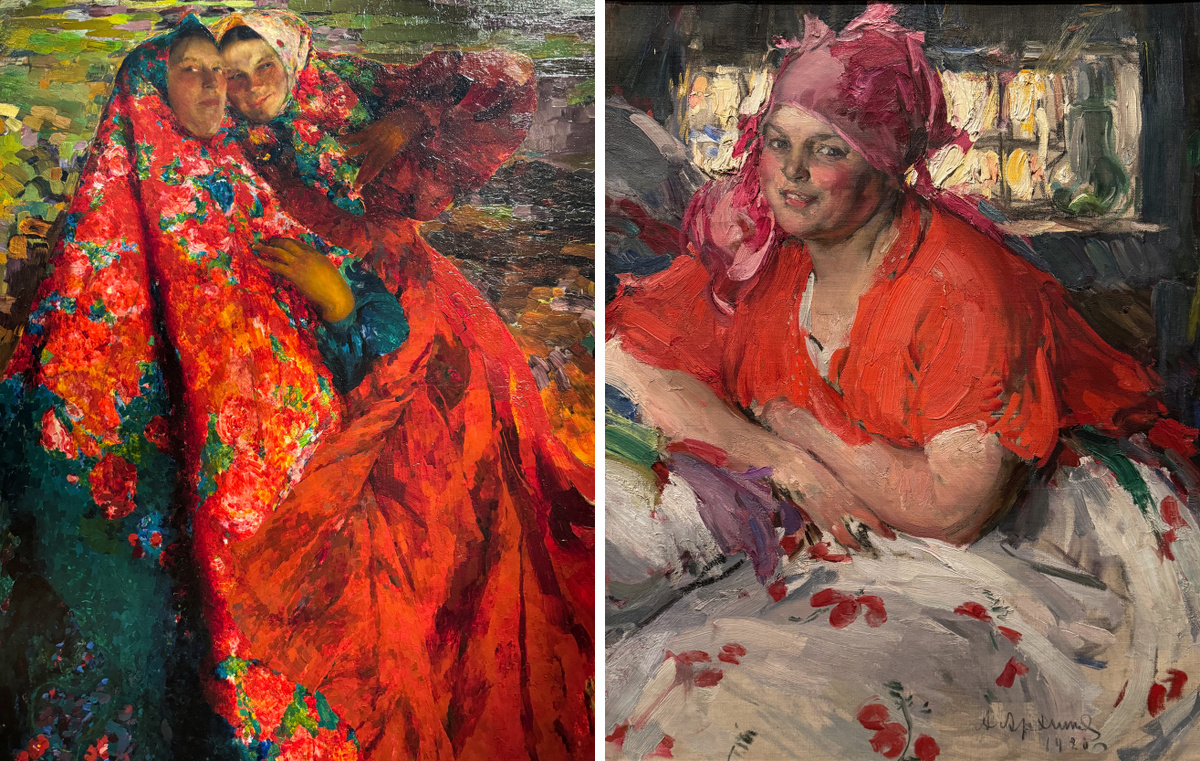 Слева - Ф. Малявин "Бабы". Справа - А. Архипов "Молодая крестьянка в красной кофте". Выставка "Адепты красного. Малявин & Архипов"