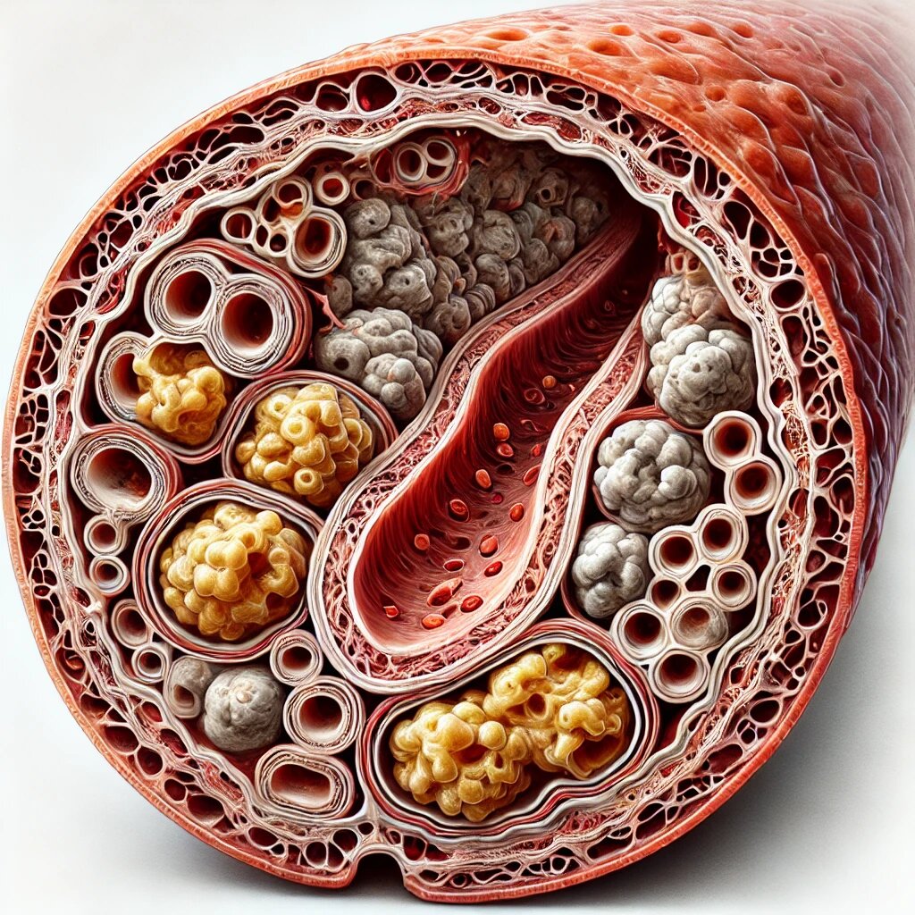 Вот изображение куска кровеносного сосуда в разрезе человека, больного атеросклерозом на тяжёлой стадии. Картинка демонстрирует сильные отложения холестерина и жировых бляшек, которые сужают просвет сосуда и затрудняют кровоток.