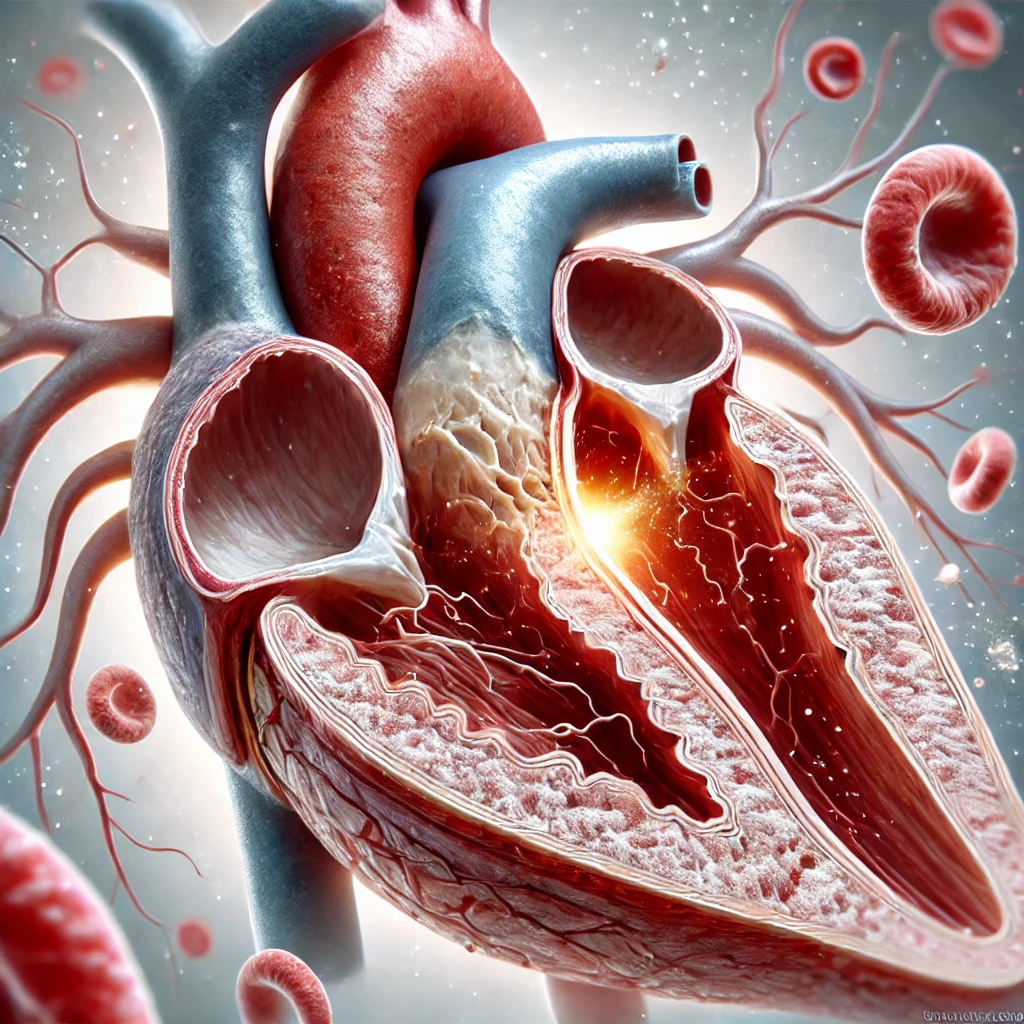 Вот изображение, показывающее ишемическую болезнь сердца. Оно демонстрирует суженную коронарную артерию из-за накопления атеросклеротических бляшек, что ограничивает поступление крови к сердечной мышце.