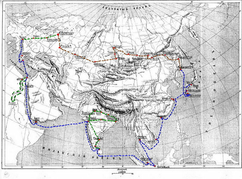 Карта маршрута. Синим – маршрут туда, красным – обратно