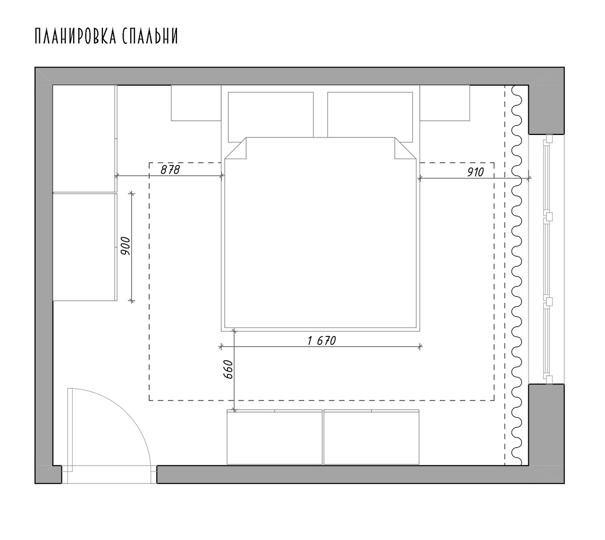 Планировка спальни с расстановкой оборудования,