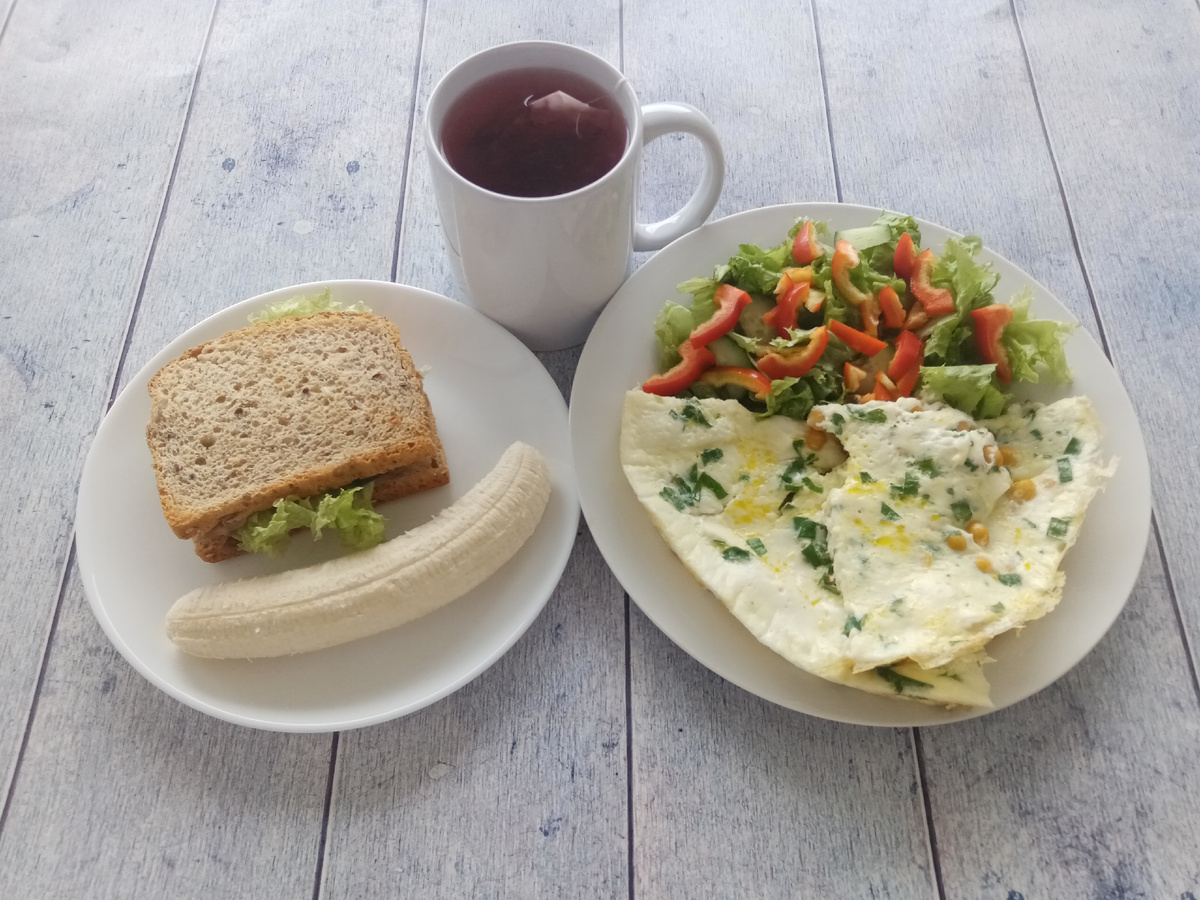 Завтрак. Омлет с нутом, сыром и зеленью, салат, бутерброд с индейкой, банан и чай. 