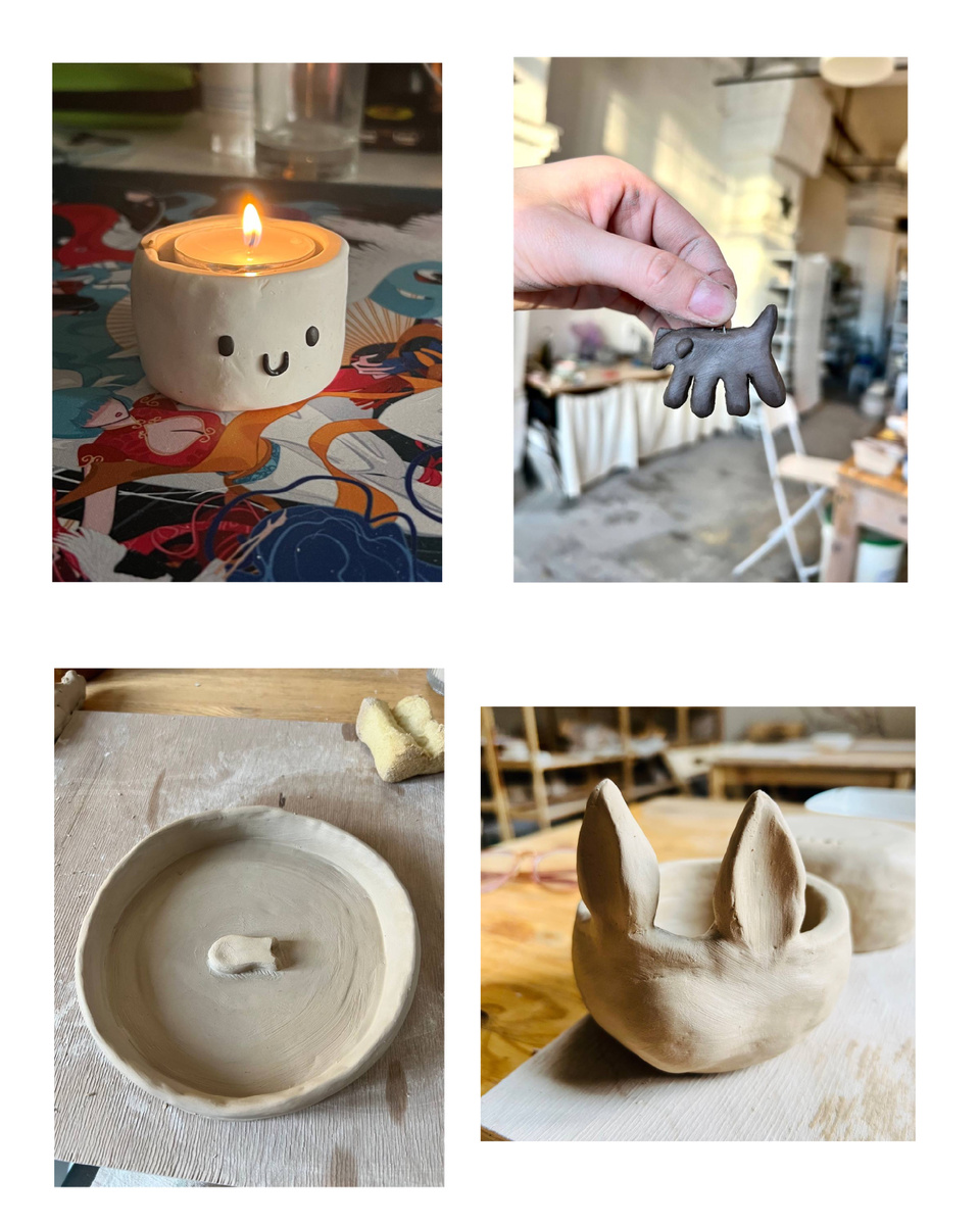 подсвечник зефирка из «Времени Приключений», кулон-собаня, блюдце с рыбкой, пиала-кролик