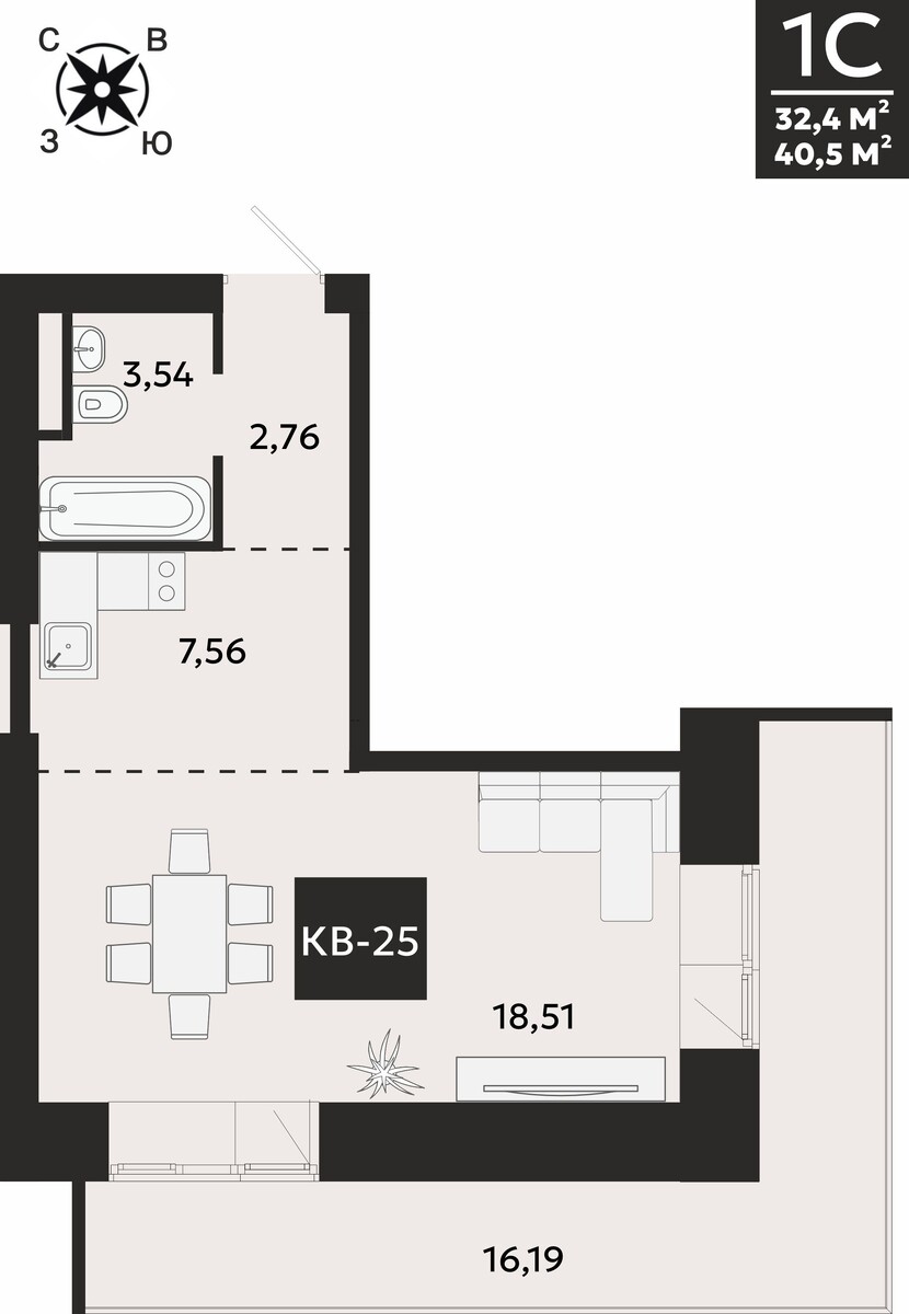 "Мекос на Каменногорской" 40,5 кв м Вариант 1