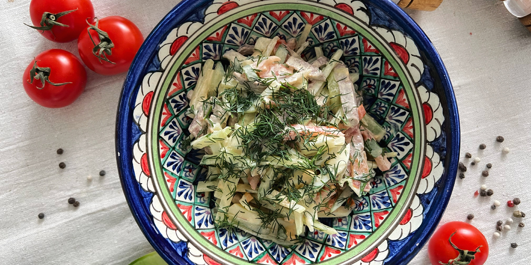 Многие ни разу не пробовали такой салат, хотя продукты простые. Салат «Бахор» берём на заметку