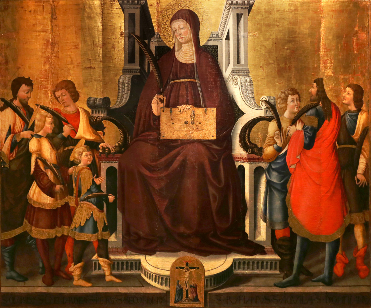 Святая Фелицита на троне и ее семеро детей, со сценами мученичества на пределе, автор - Нери ди Биччи, 1464 год.