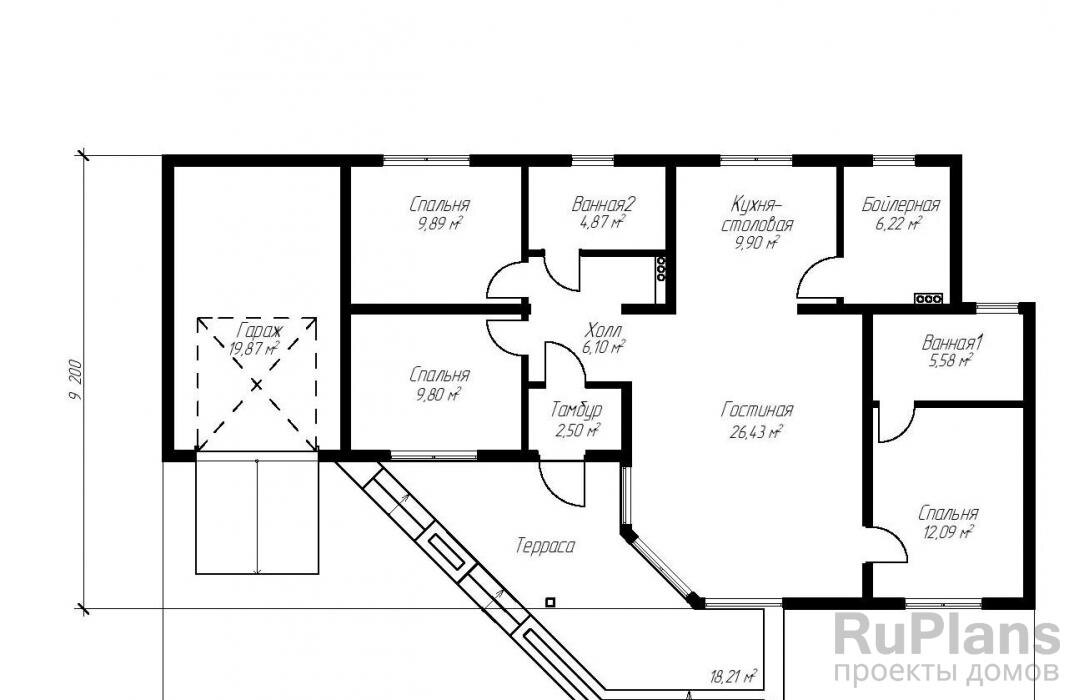 Гостиная — 26,43 кв м Кухня — 9,90 кв м Ванная 1 — 5,58 кв м Бойлерная — 6,22 кв м Спальня — 12,09 кв м Холл — 6,10 кв м Ванная 2 — 4,87 кв м Тамбур — 2,50 кв м Терраса — 18,21 кв м Спальня — 9,80 кв м Спальня — 9,89 кв м Гараж — 19,87 кв м