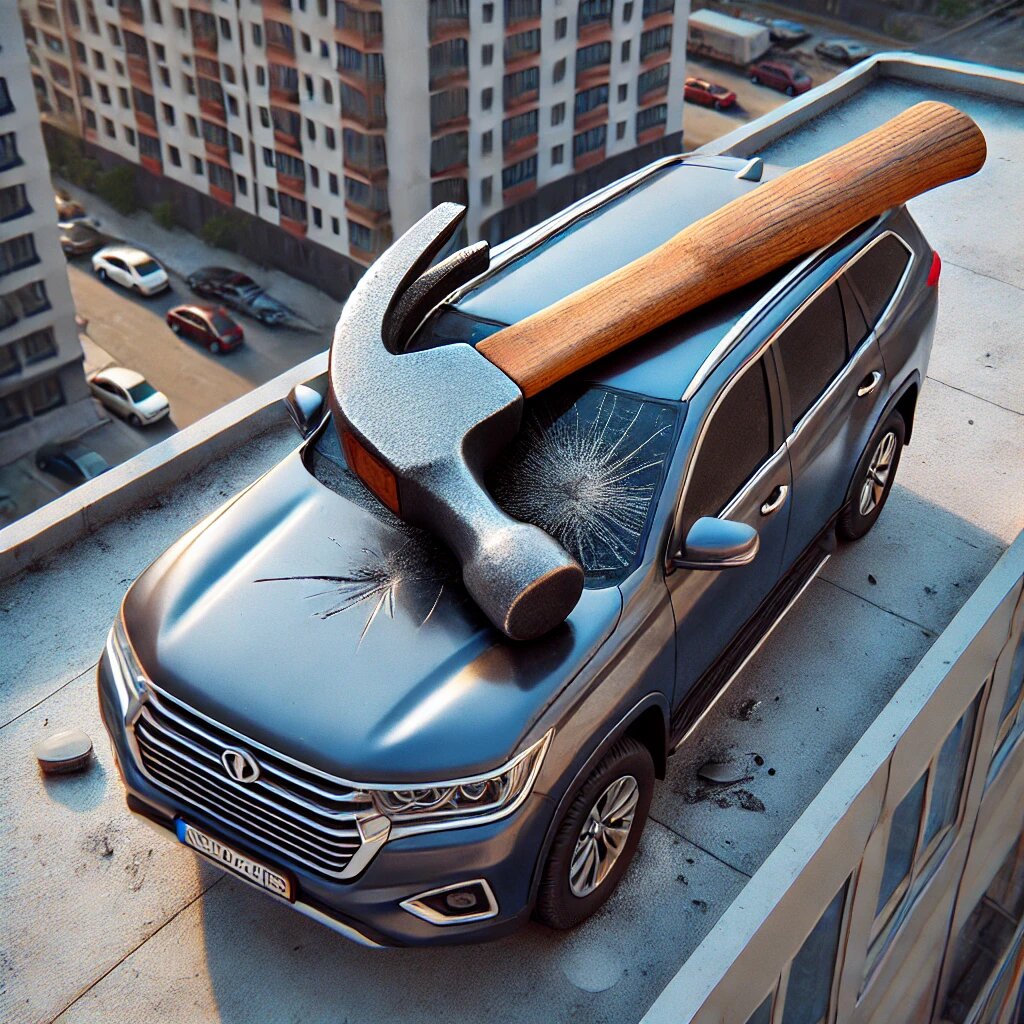 Вы удивитесь, но такое происходит каждый день. Огромные молотки падают на припаркованные на крыше автомобили. Распространите.