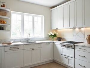 
— Белый: Белая кухня всегда смотрится свежо и элегантно. Кроме того, белый цвет визуально расширяет пространство и делает его более светлым.
— Бежевый и кремовый: Нежные оттенки кремового и бежевого также могут создать теплую и уютную атмосферу.
— Светло-серый: Серый цвет добавит кухни современности и стиля, не делая её при этом слишком тёмной.