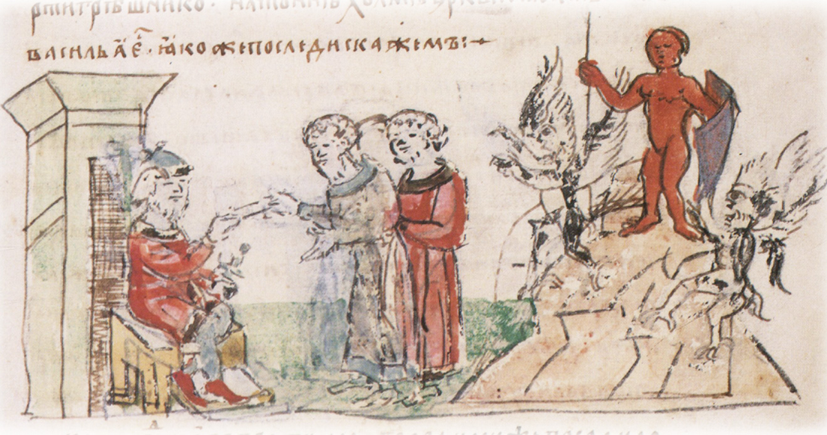 Изображение князя Владимира и воздвигнутого им идола Перуна в летописи