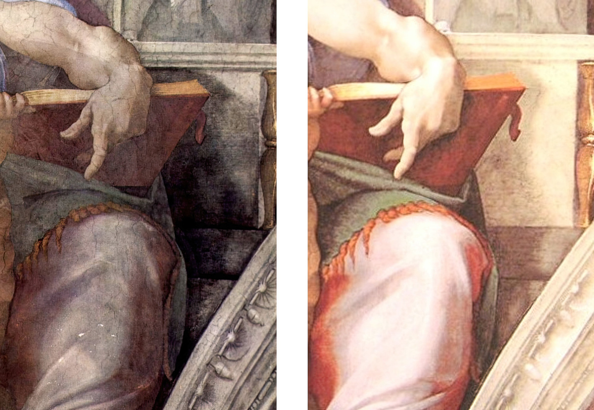 Фрагмент фрески Сикстинской капеллы «до» и «после» реставрации, демонстрирующий изменения контраста в тенях. Источник: https://www.alamy.com/
