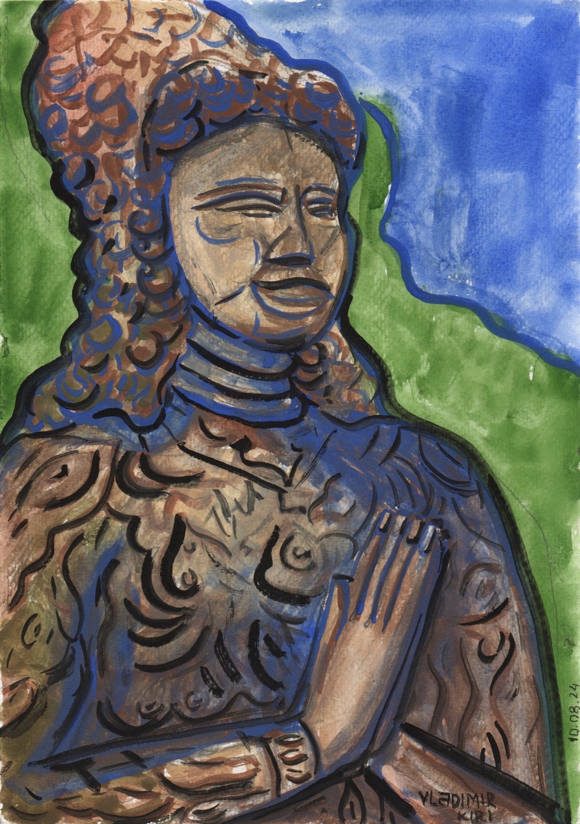 Зарисовка одной из статуй в Будда-парке в Лаосе, август 2024. Гуашь. Фото автора.