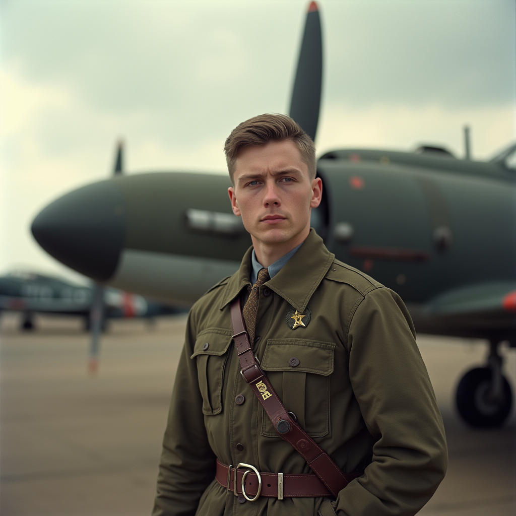 Портрет молодого летчика Маресьева на фоне военного самолета.