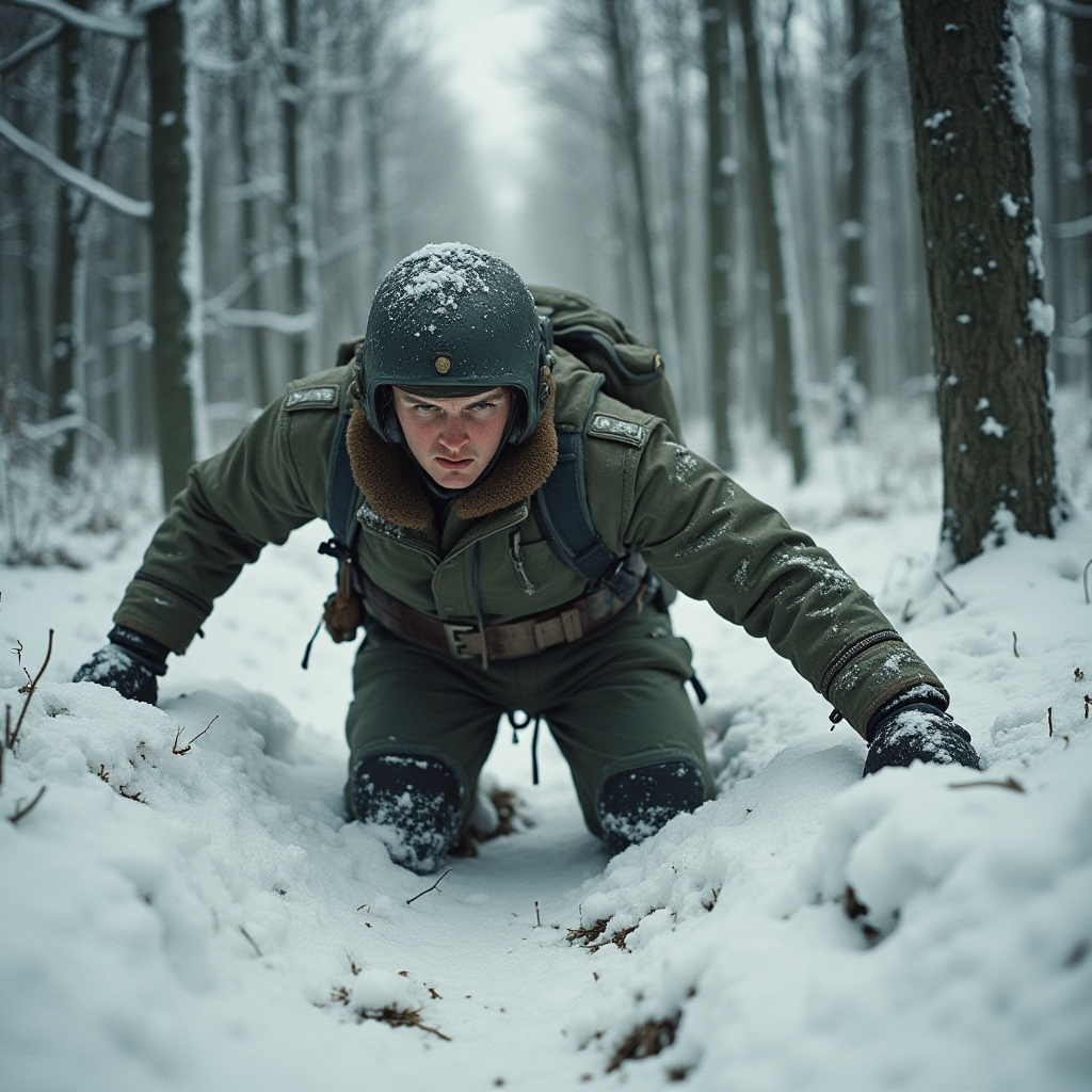 Маресьев в лесу после крушения, пытается выбраться несмотря на ранения.