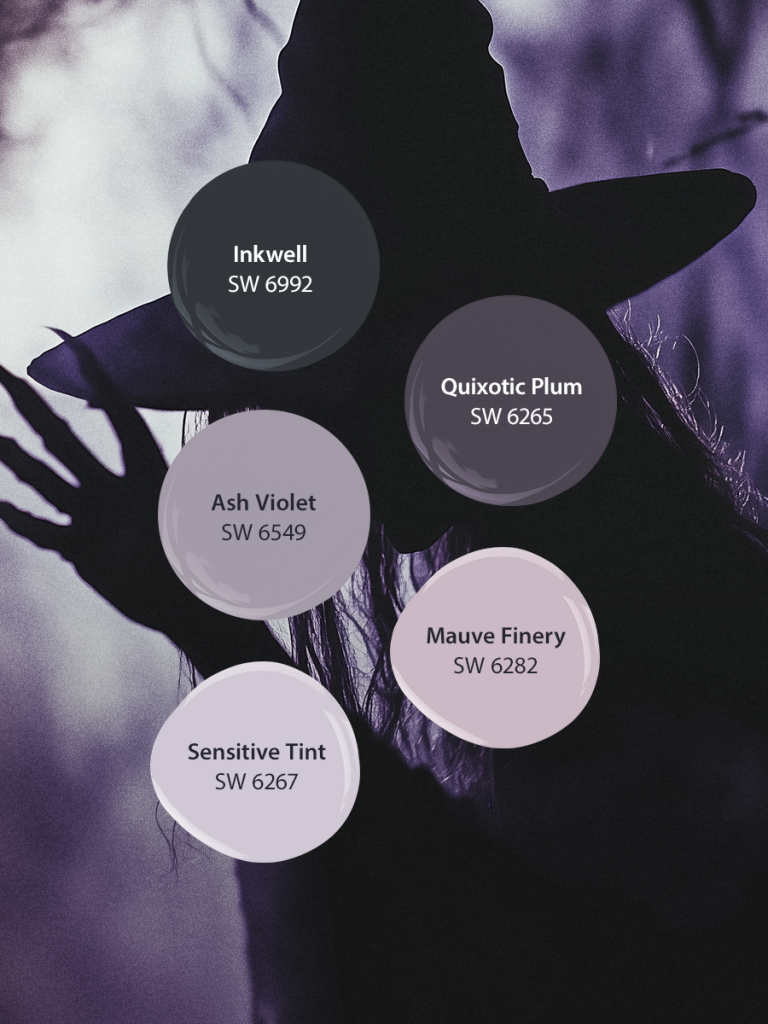 Представленные цвета: SW 6992 Inkwell , SW 6265 Quixotic Plum, SW 6549 Ash Violet, SW 6282 Mauve Finery, SW 6267 Sensitive Tint 