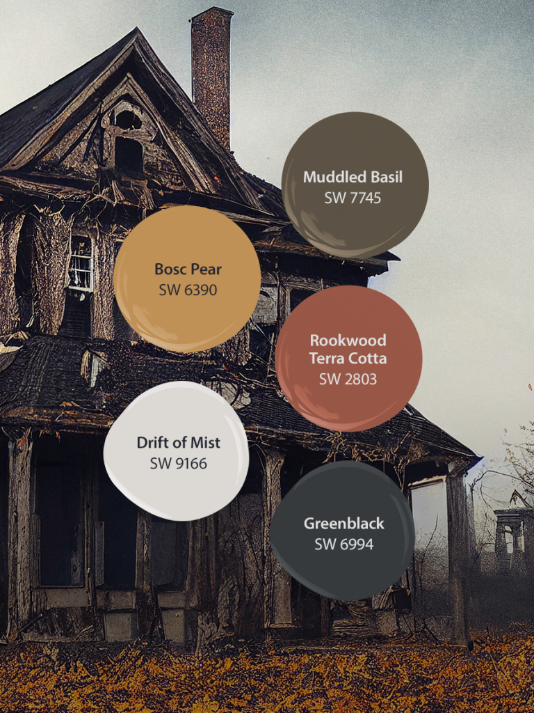 Представленные цвета: SW 7745 Muddled Basil, SW 6390 Bosc Pear, SW 2803 Rookwood Terra Cotta, SW 9166 Drift of Mist, SW 6994 Greenblack 