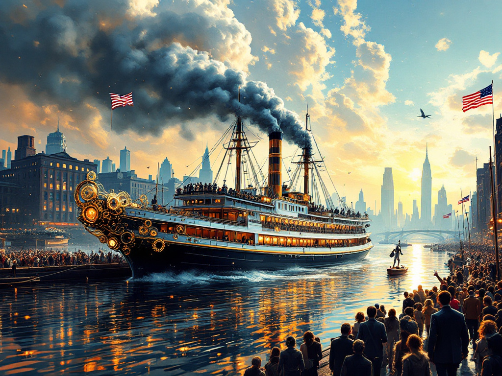 Изображение парохода Первое появление парохода в Нью-Йорке в 1807 году