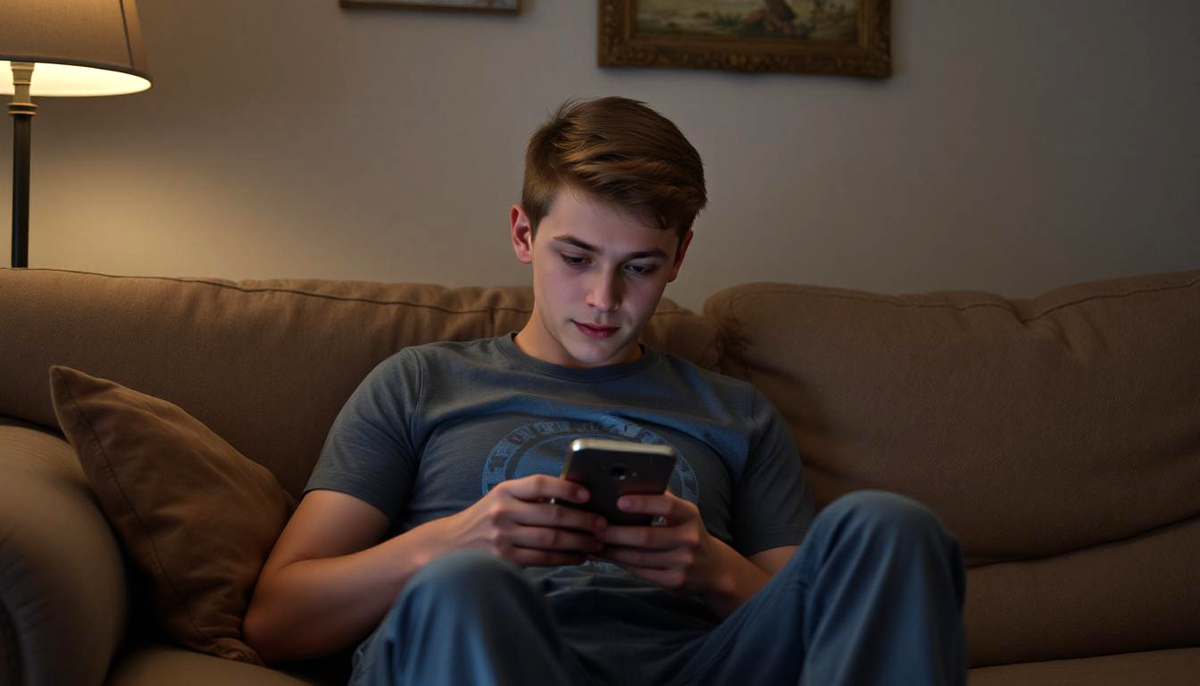 Молодой человек сидит на диване.