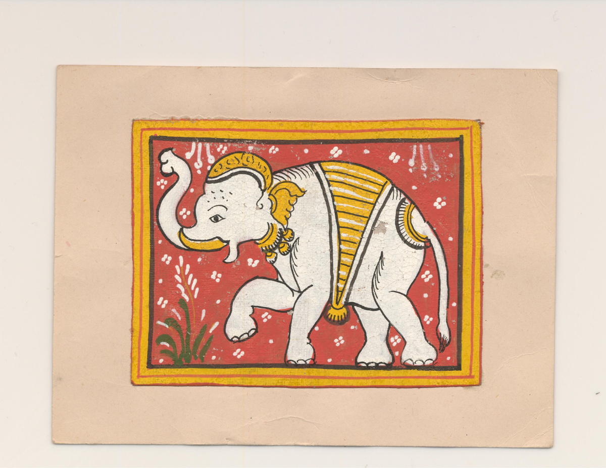 Фрагмент открытки для Л.С. Митусовой от Святослава т Девики Рани. Народный рисунок штата Орисса 'Белый слон' с автографами Д.Р. и С.Н. Рерихов.  Из собрания Музея-института семьи Рерихов