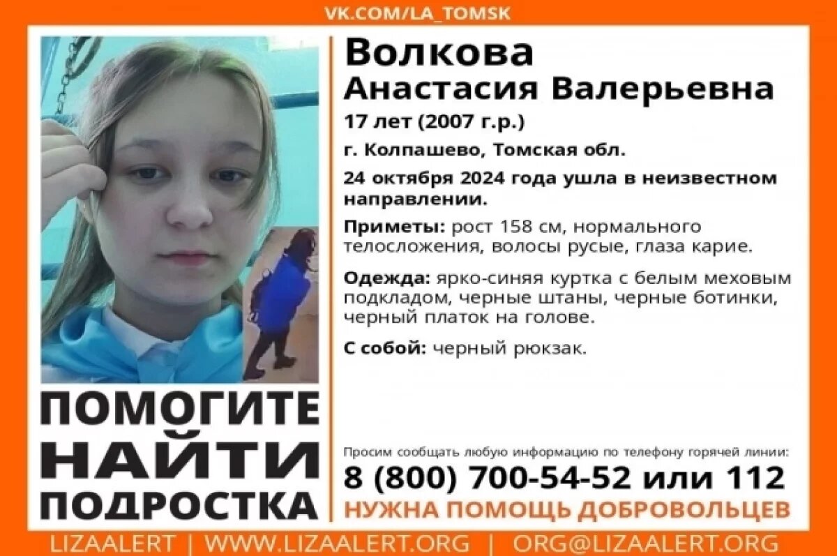    В Колпашево Томской области пропала 17-летняя девочка