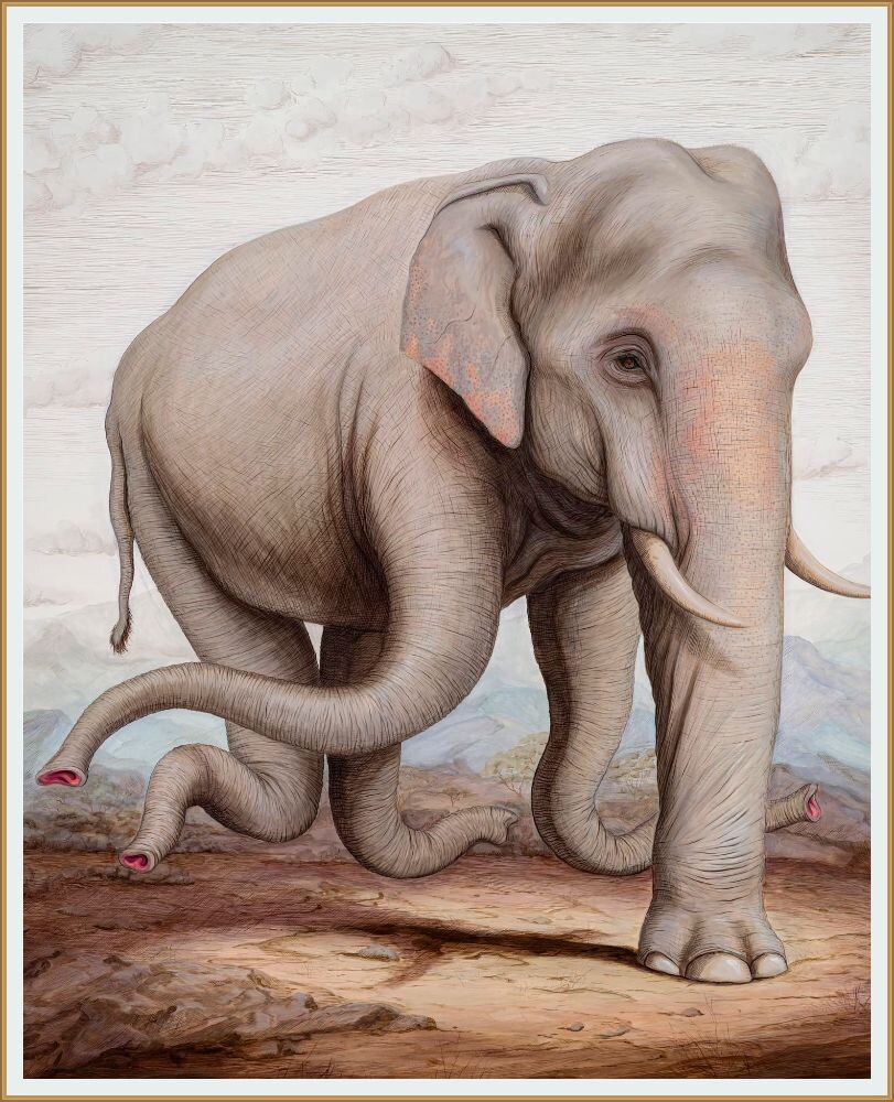 КАРТИНА художника БРУНО ПОНТИРОЛИ / Bruno Pontiroli под названием " Слон никогда не ошибается" Масло на деревянной панели, 100 х 81 см  2023 год