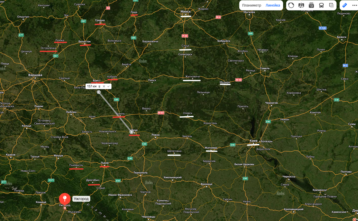 полесье на современной яндекс-карте; белое подчёркивание - топонимы входившие в состав СССР ещё до осени 1939-го года, красное - вошедшие после.